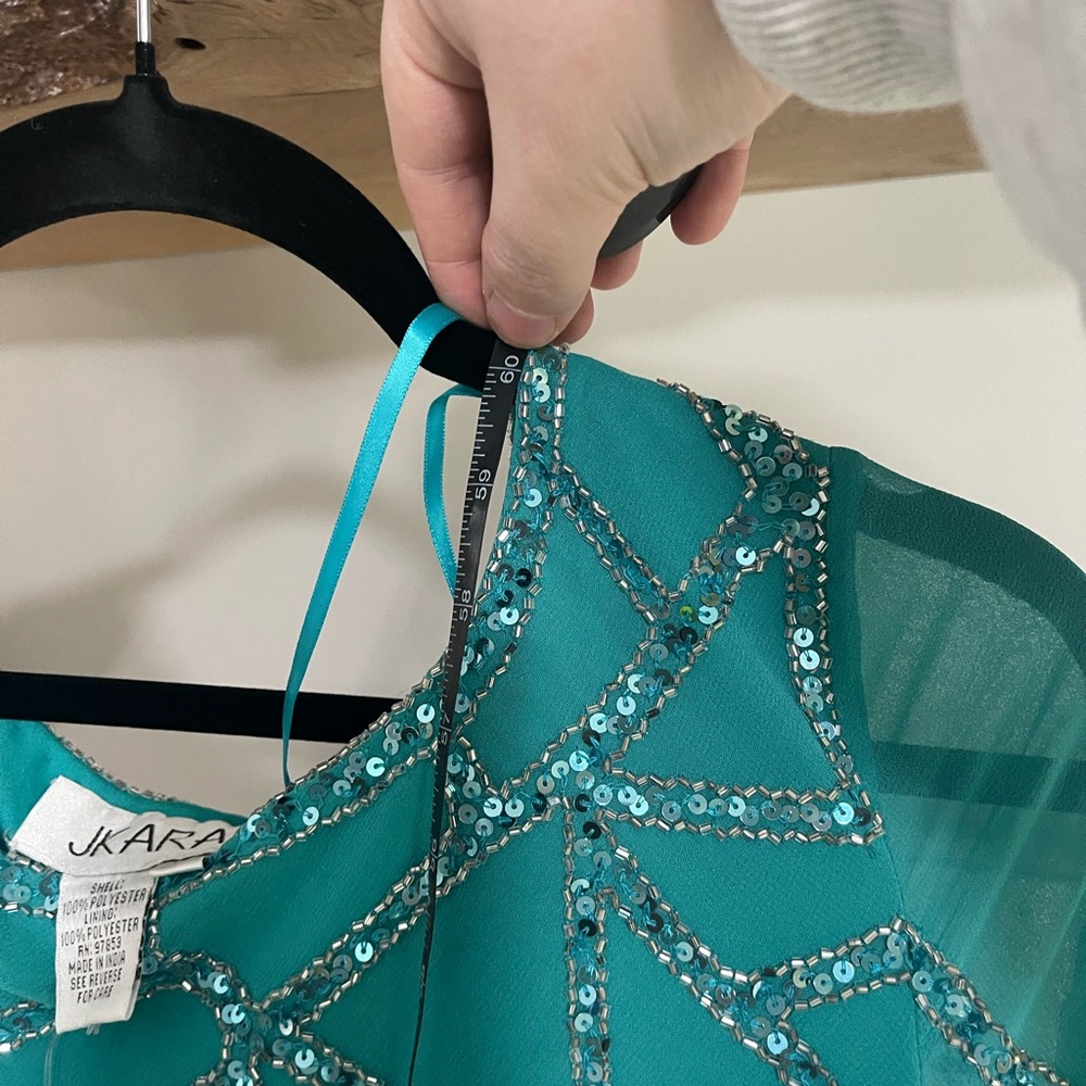 NWT J Kara Teal Long Sleeve Beaded Dress - Picture 5 of 5